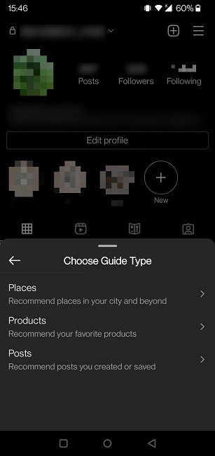 Créer un guide Instagram Sélectionner les options