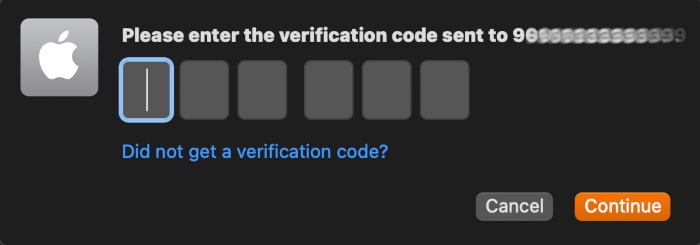 Code de vérification Macos du numéro de téléphone de confiance de l'identifiant Apple