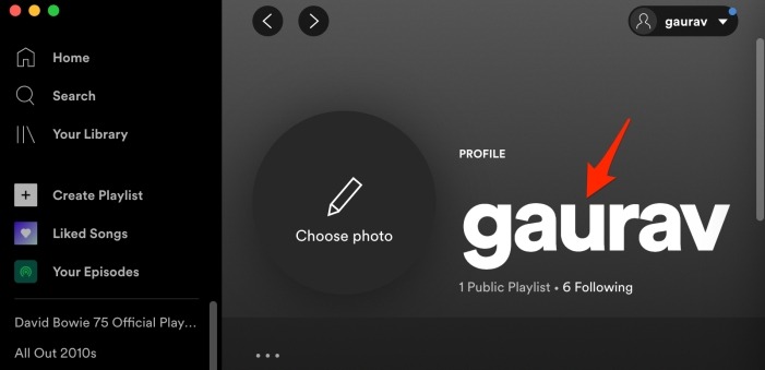 Menu Modifier le nom du profil Spotify