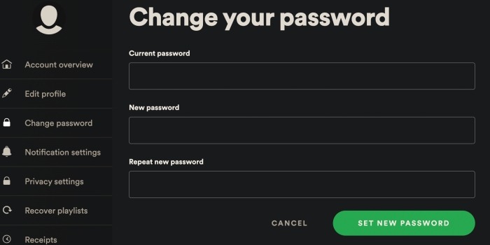 Écran de modification du mot de passe Spotify Web