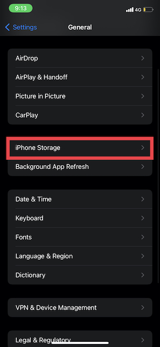Appuyez sur Stockage iPhone dans iOS