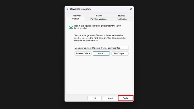 confirmer le nouveau dossier pour modifier l'emplacement de téléchargement dans Windows 11