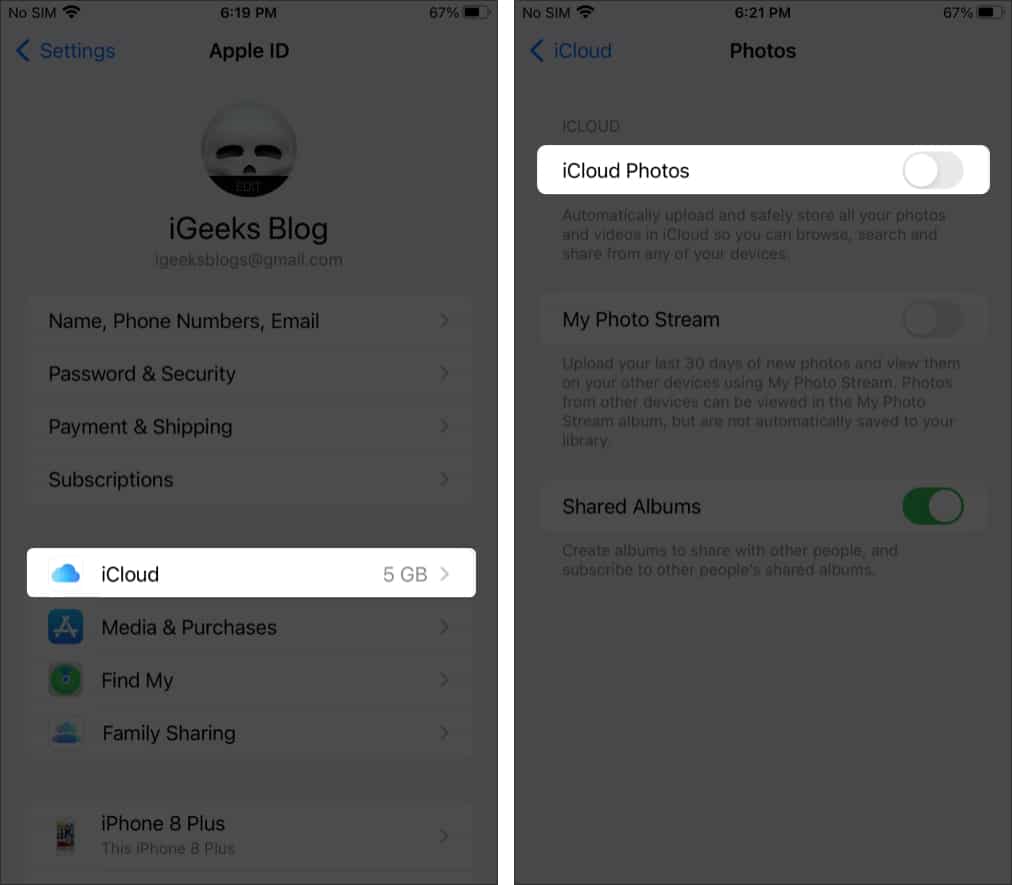 Désactiver la sauvegarde iCloud Photos sur iPhone