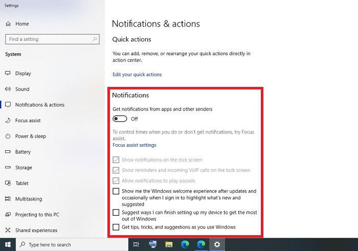 Windows Désactiver les notifications Notifications Windows10 Actions Off