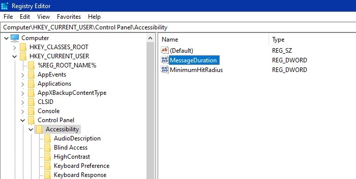 Windows Désactiver les notifications Windows10 Accessibility Timeout Messageduration