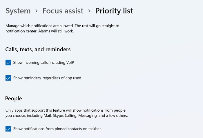 Windows Désactiver les notifications Windows11 Focus Assist Liste des priorités Détails