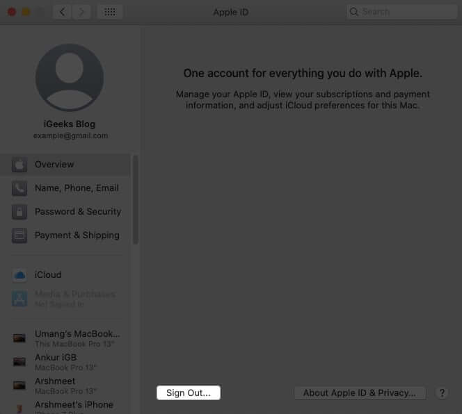 cliquez sur déconnexion dans l'identifiant Apple sur mac