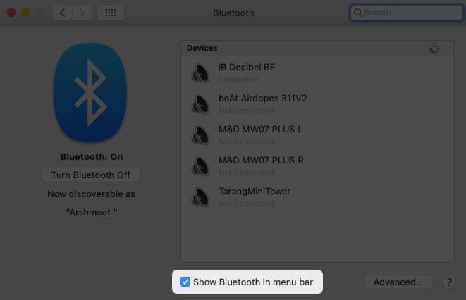 Afficher Bluetooth dans la barre de menus de macOS Catalina
