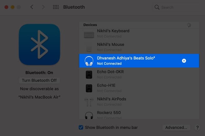 Cliquez sur le 'X' à côté du nom du périphérique Bluetooth sur Mac