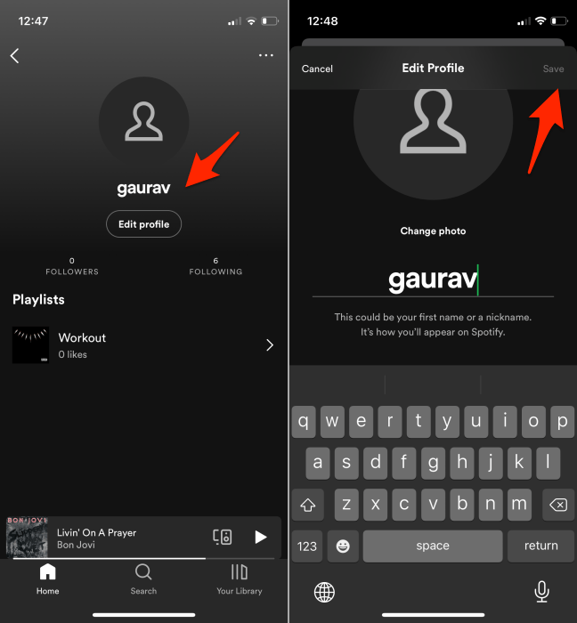Menu Modifier le nom de Spotify Mobile