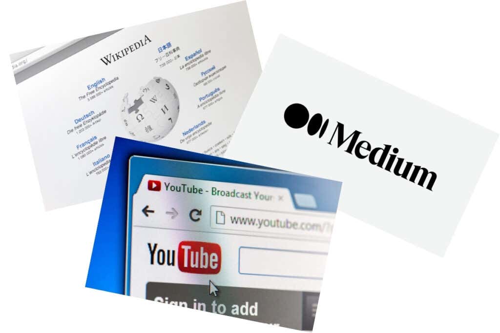 image de Wikipédia, logo Medium et Youtube