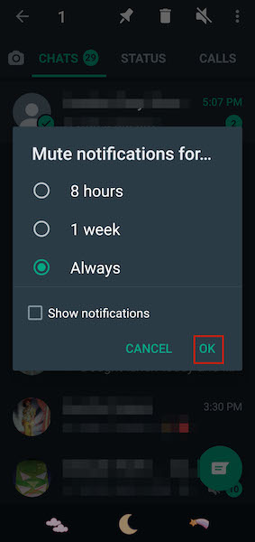Choisir 3 options pour désactiver les notifications dans WhatsApp