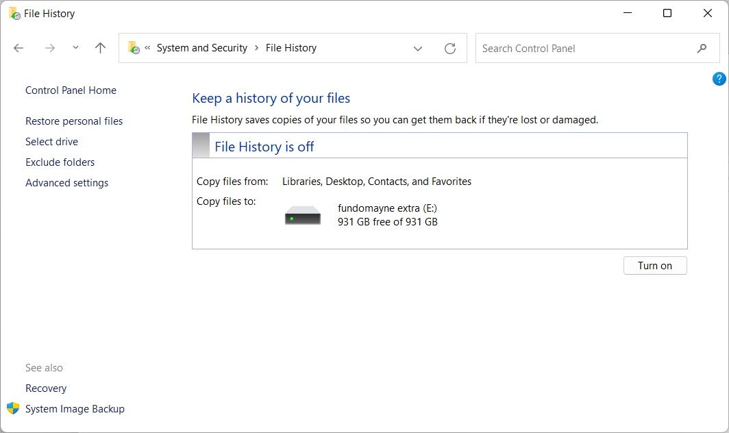 Page Historique des fichiers dans Windows 11.