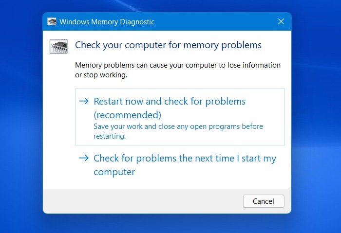 Redémarrage inattendu des diagnostics de la mémoire Windows du magasin