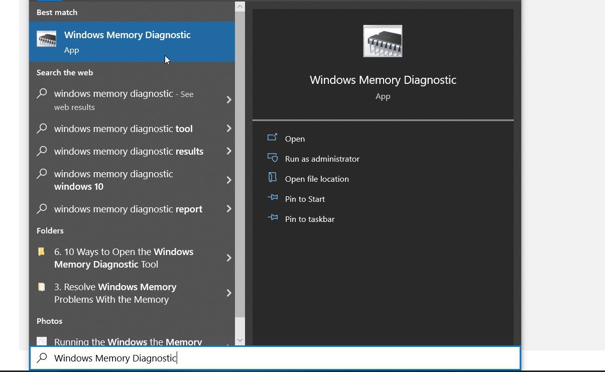 Ouverture de l'outil de diagnostic de la mémoire Windows à l'aide de la barre de recherche