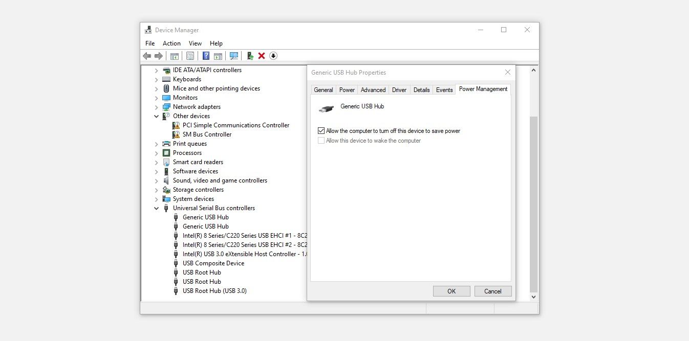 Réglage des paramètres de gestion de l'alimentation d'un pilote USB dans le Gestionnaire de périphériques de Windows 10