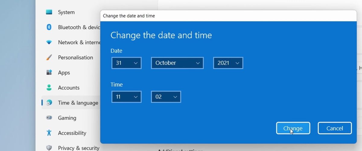 capture d'écran de l'interface utilisateur de changement de date et d'heure de Windows 11