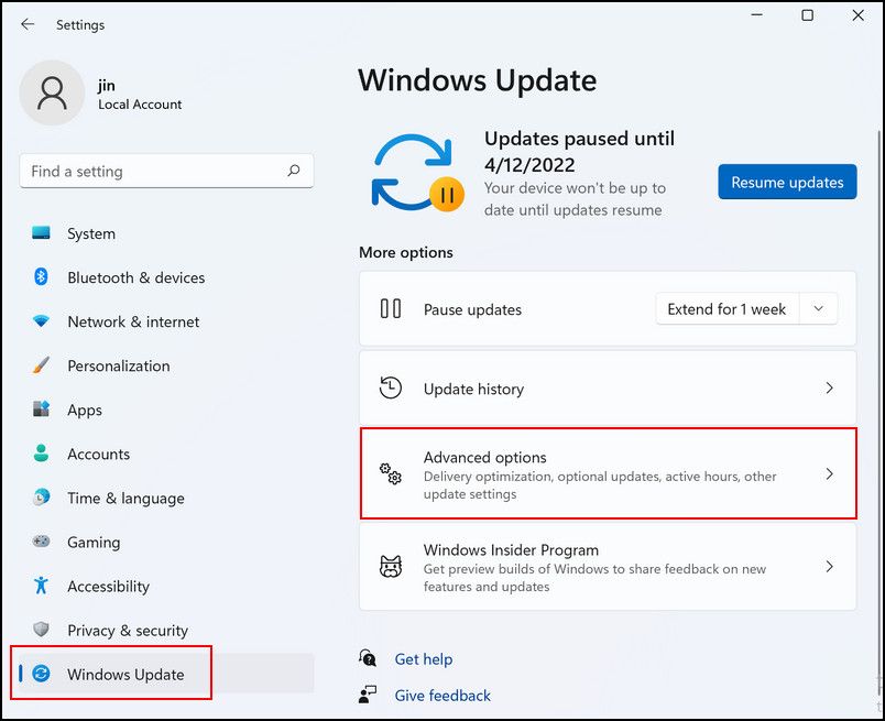 Lancer des options supplémentaires dans Windows Update