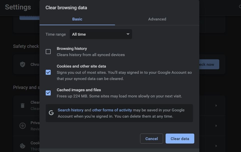 Option d'effacement des données de navigation de Google Chrome