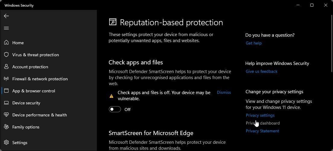 la sécurité Windows désactive le filtre smartscreen le blocage des applications indésirables