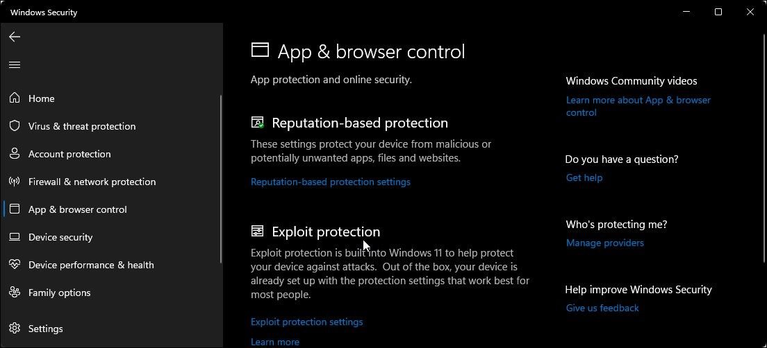 application et navigateur contrôlent la sécurité de Windows