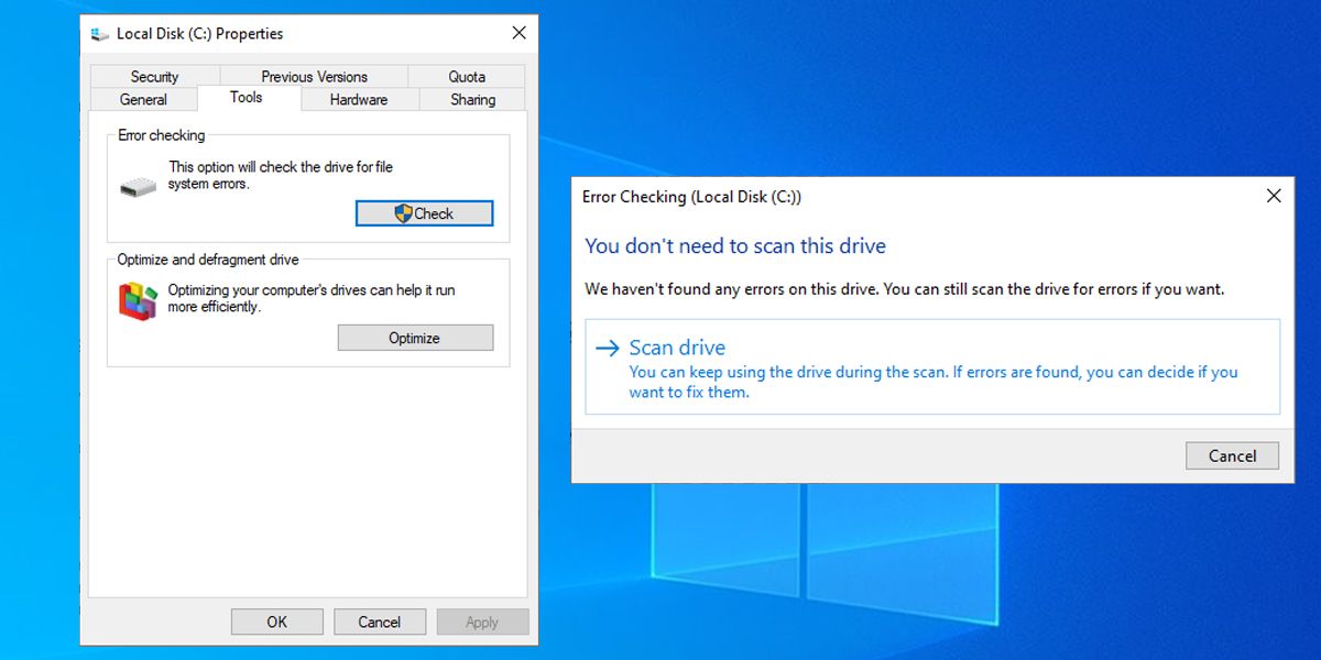 Vérification du lecteur de disque dans Windows 10