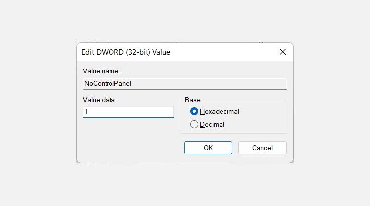 modification de l'attribut de données de valeur de l'entrée nocontrolpanel à zéro dans l'éditeur de registre de Windows 11