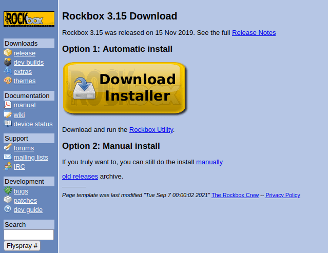 Page Web de téléchargement d'installation de Rockbox