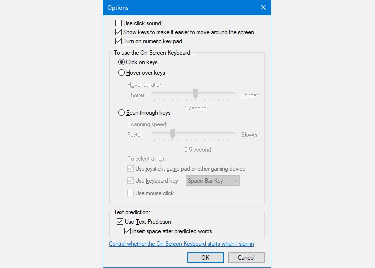 Windows 10 sur le menu des options du clavier à l'écran