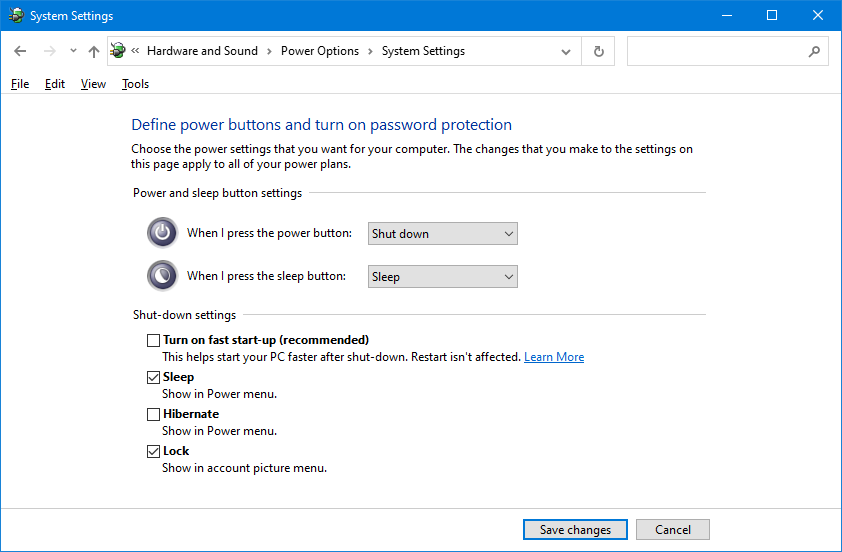 Windows 10 définit les boutons d'alimentation
