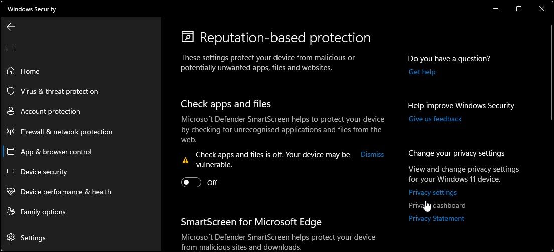 La sécurité Windows désactive les fichiers d'applications de filtre smartscreen