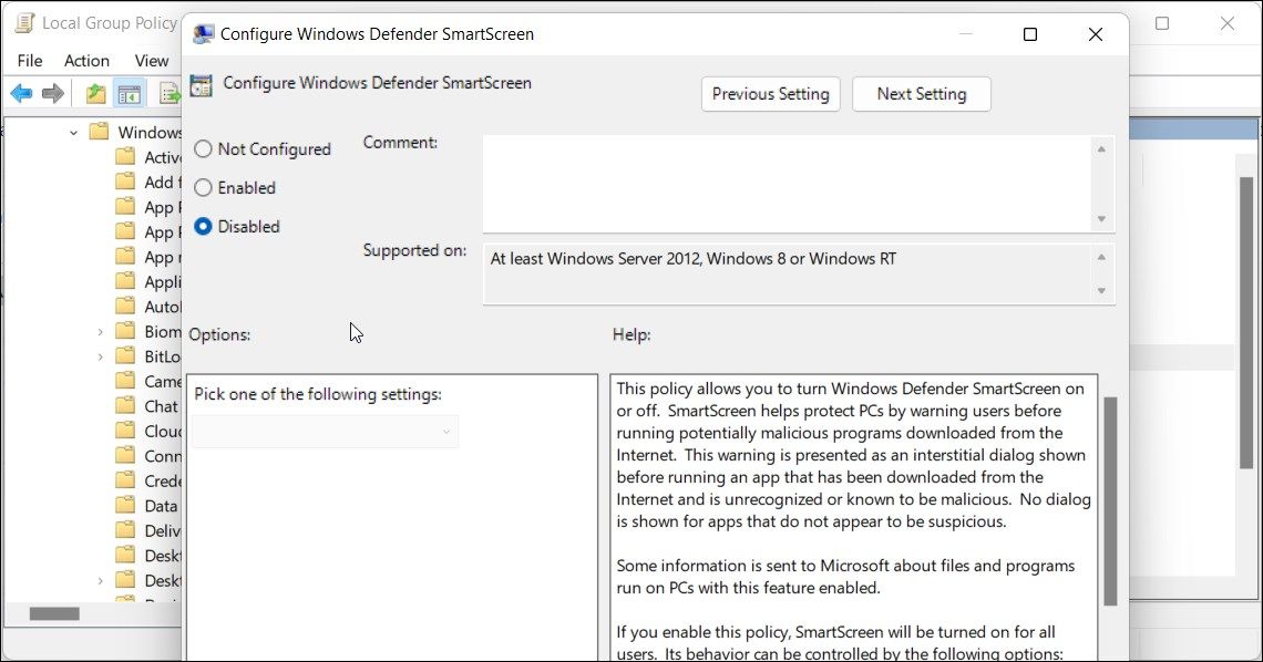 configurer Windows Defender Smartscreen Gpeditor désactiver
