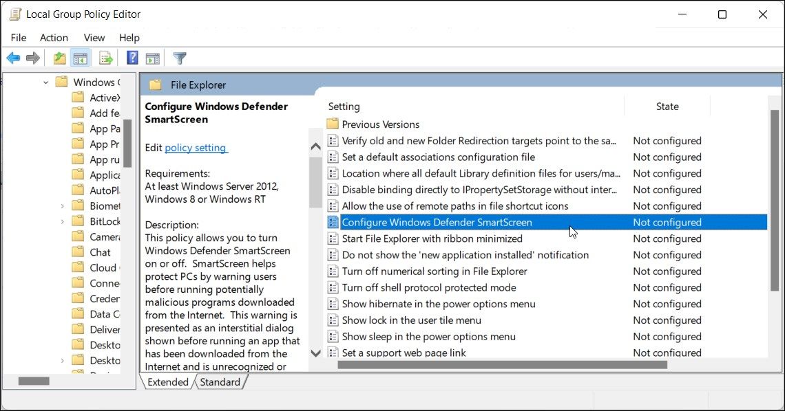configurer Windows Defender Smartscreen Gpeditor