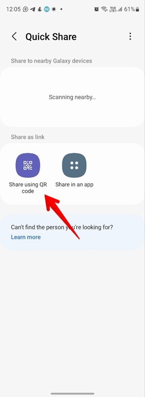 Code Qr du lien de partage rapide Samsung