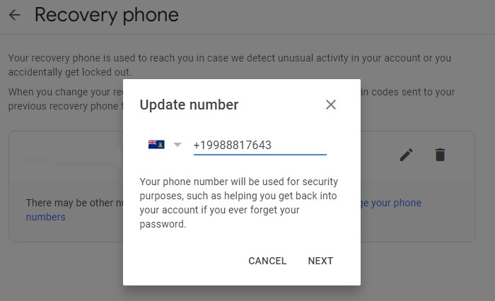 Verrouillé Google Recovery Update Le numéro de téléphone