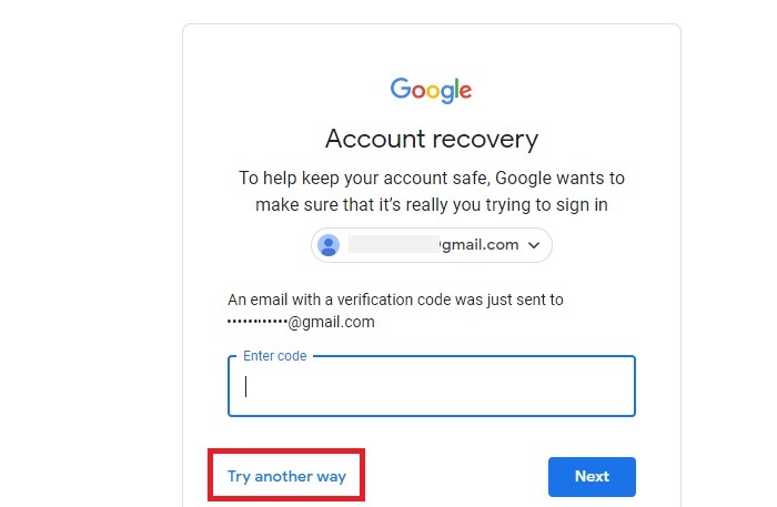 Récupération Google verrouillée Essayez une autre méthode à la place Vérification par e-mail