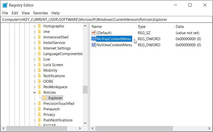 Activer ou désactiver le menu contextuel de la barre des tâches à l'aide de l'éditeur de registre