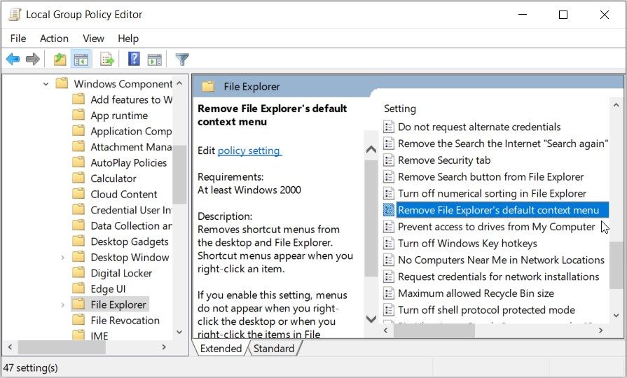 Activer ou désactiver le menu contextuel de l'explorateur de fichiers à l'aide du LGPE