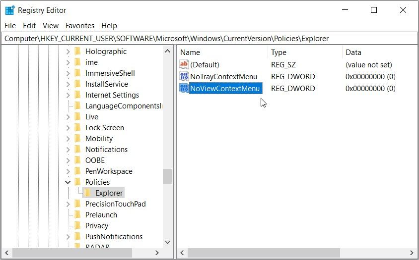 Activer ou désactiver le menu contextuel de l'explorateur de fichiers à l'aide de l'éditeur de registre