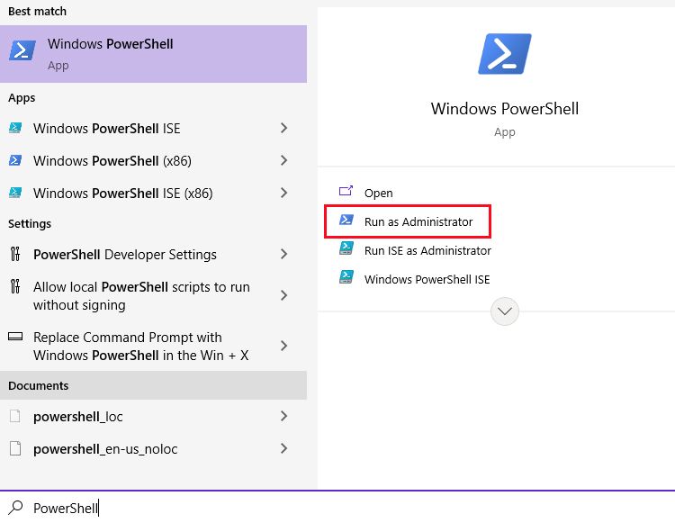 PowerShell dans la recherche Windows