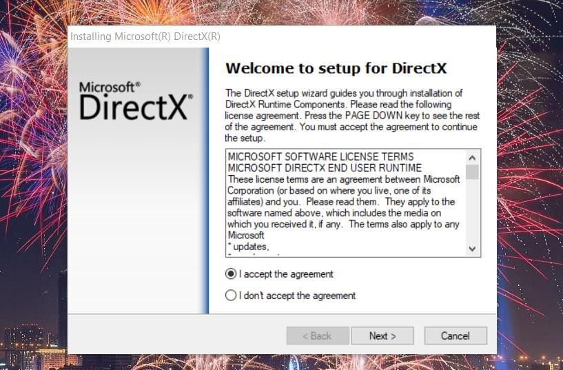 La fenêtre Installation de Microsoft DirectX