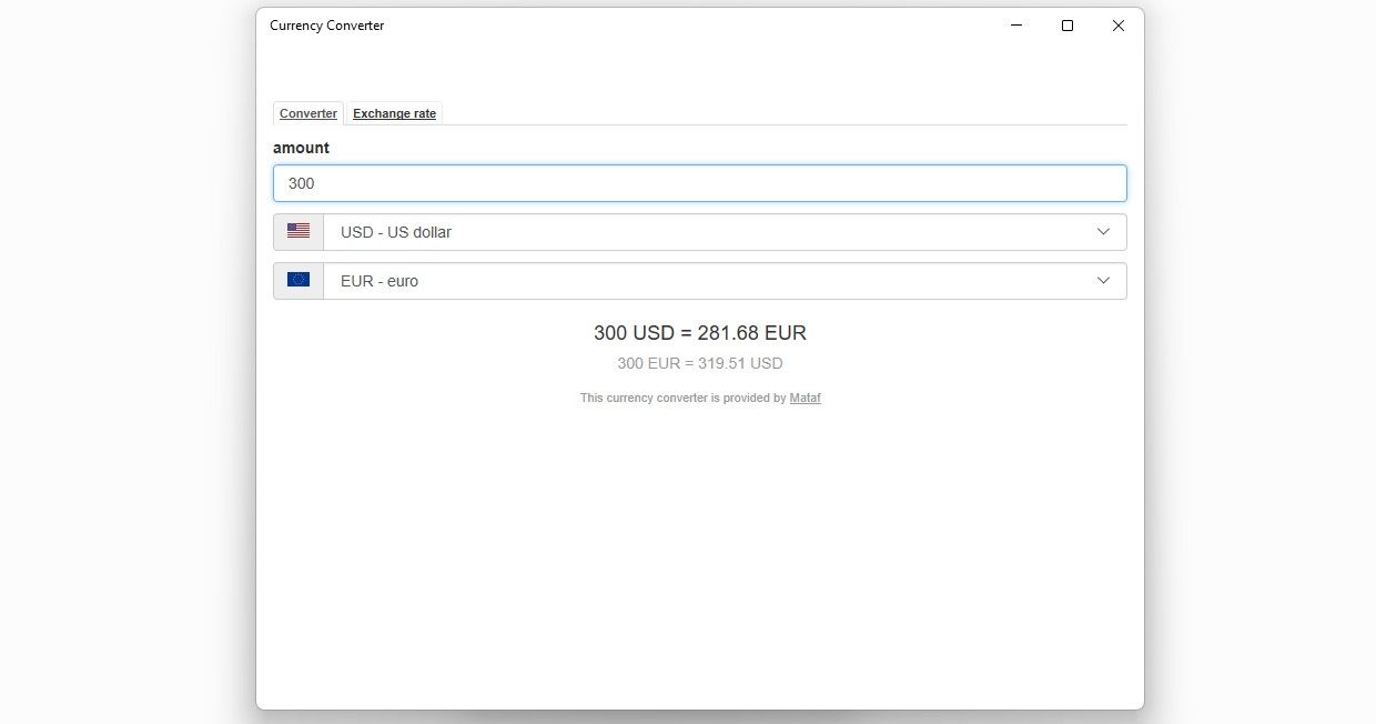 Conversion de USD en EUR dans l'application en direct du convertisseur de devises