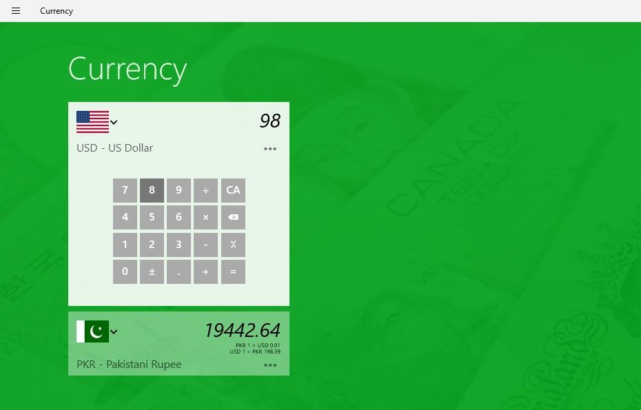 Conversion de USD en PKR dans l'application Currency sous Windows