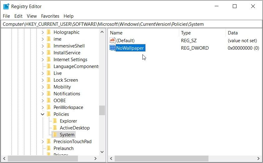 Configuration des paramètres du fond d'écran du bureau à l'aide de l'éditeur de registre