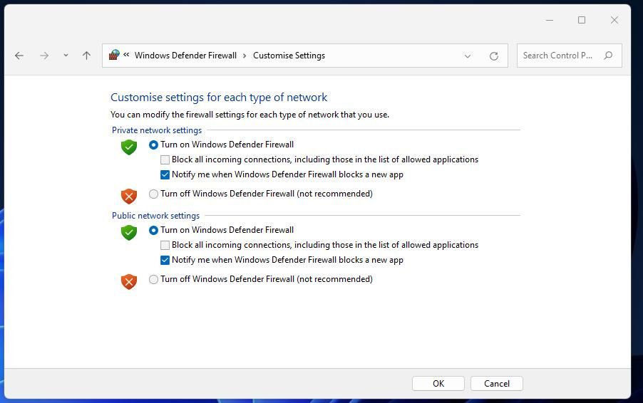 Les options de désactivation du pare-feu Windows Defender