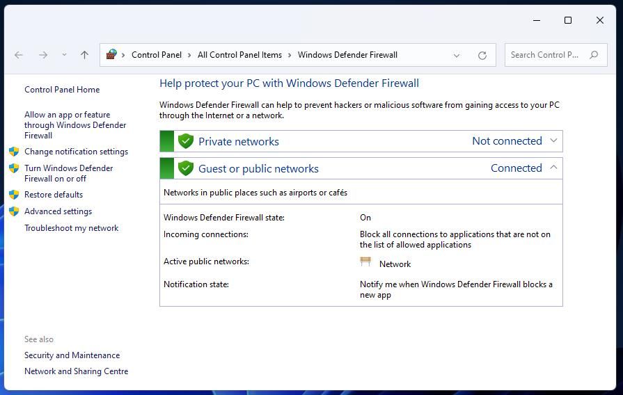 L'applet du panneau de configuration de Windows Defender