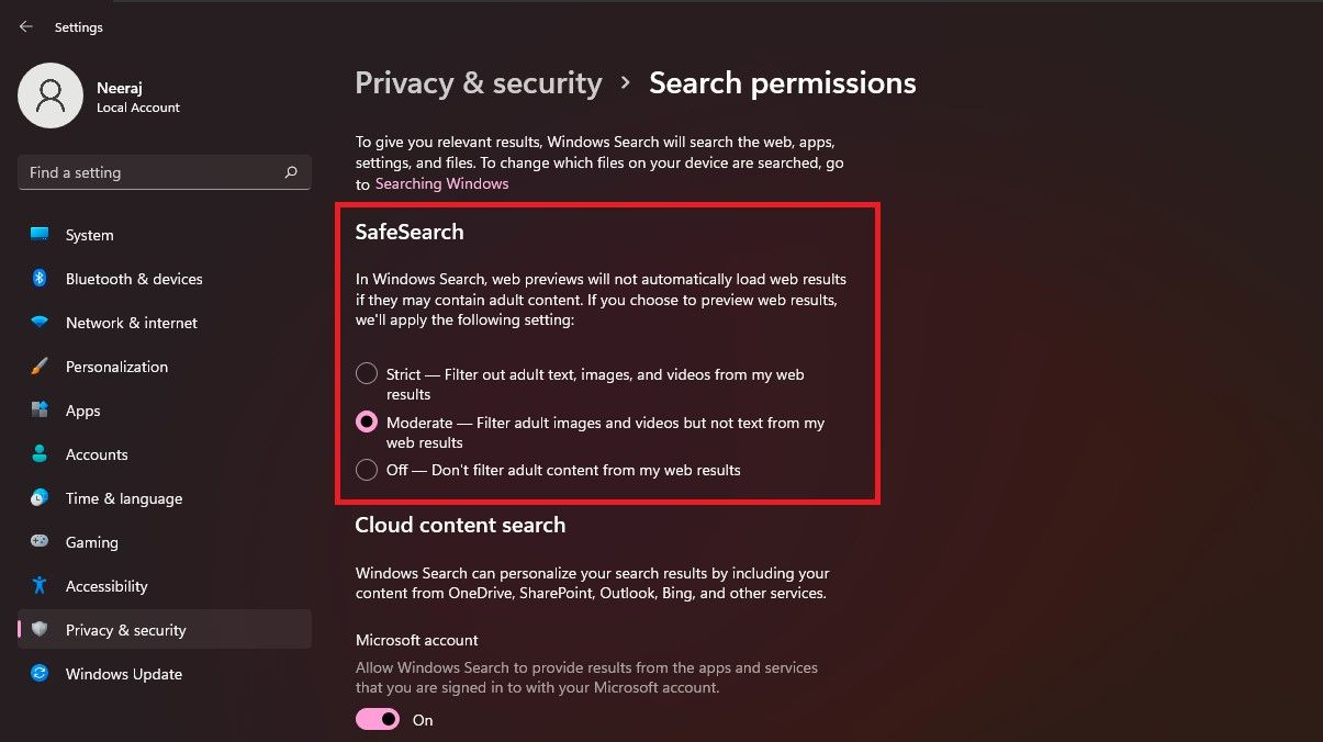 Paramètres SafeSearch ouverts sur Windows 11