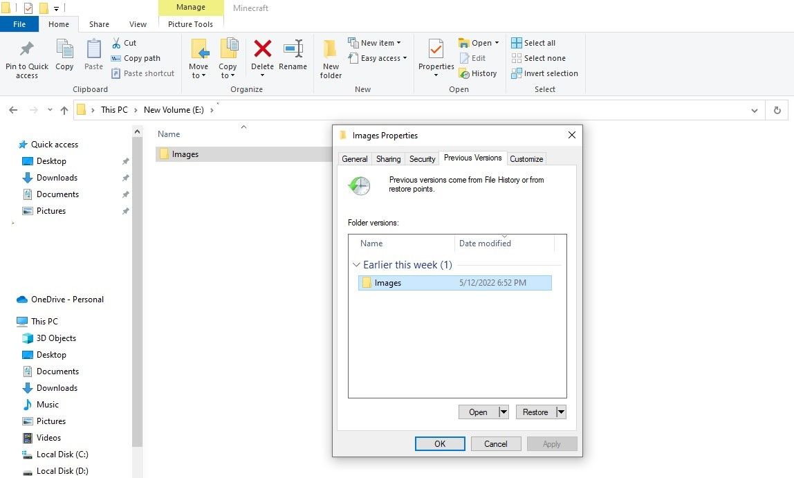 Restauration de la version précédente d'un dossier dans Windows 10