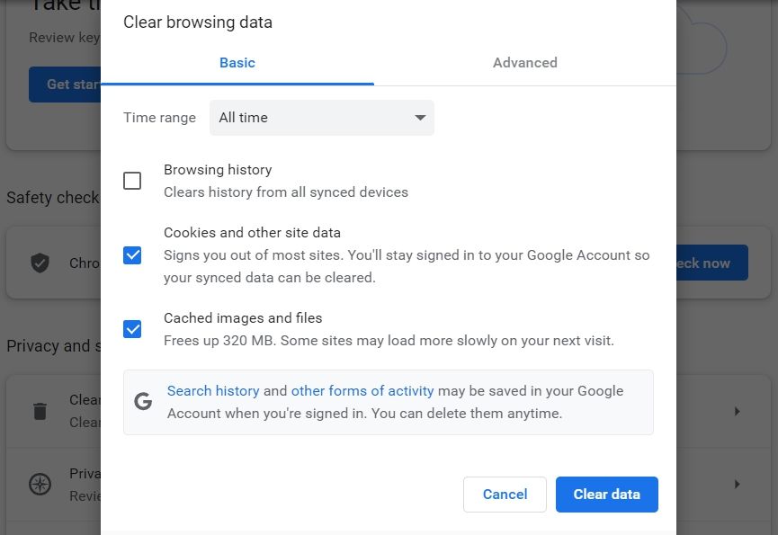 Option d'effacement des données de cache de Google Chrome