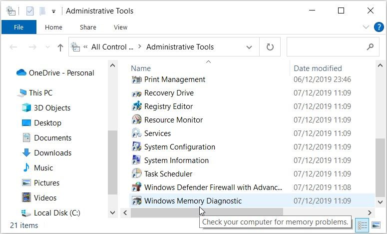 Ouverture de l'outil de diagnostic de la mémoire Windows à l'aide du panneau de configuration